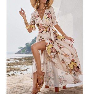 Boho Floral Flounce Sleeve Ruffle Trim Wrap Knot Side Dress